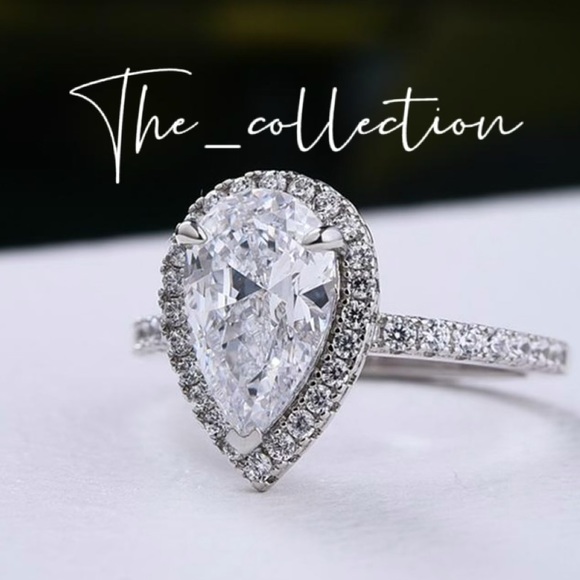 HALO PEAR CUT ENGAGEMENT RING IN STERLING SILVER - Picture 3 of 4